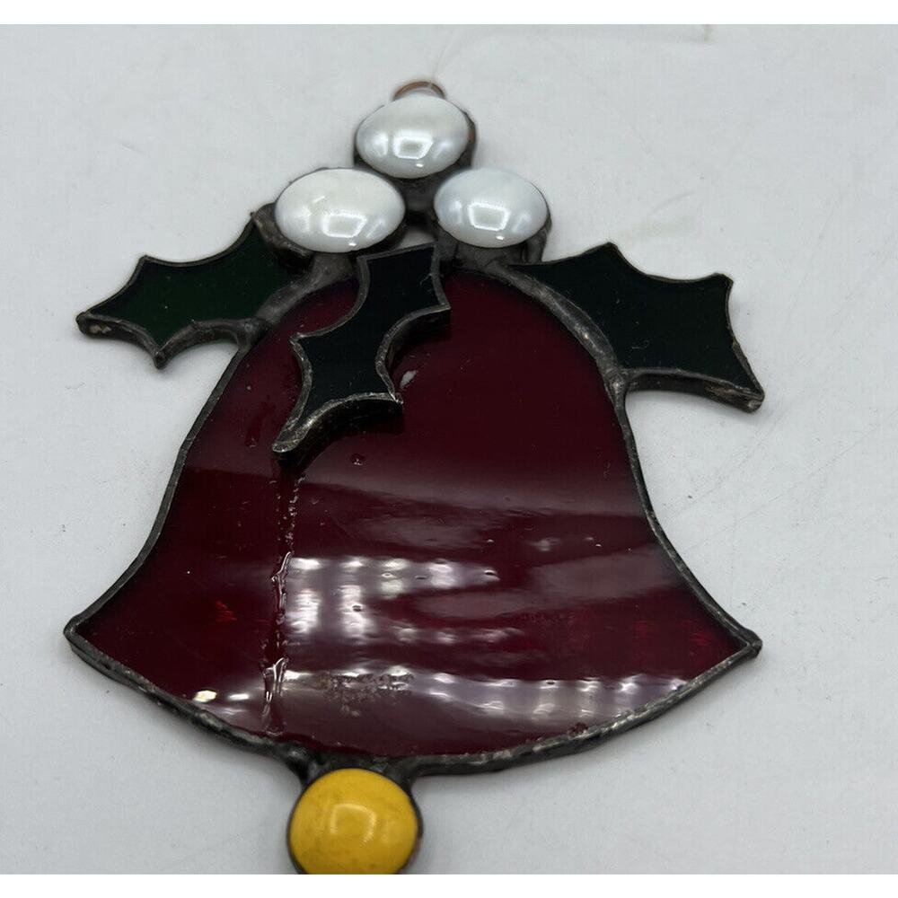 Suncatcher/Stained Glass Handmade Red Bell White Holly Green Leaves 5.5 x 3.5 in